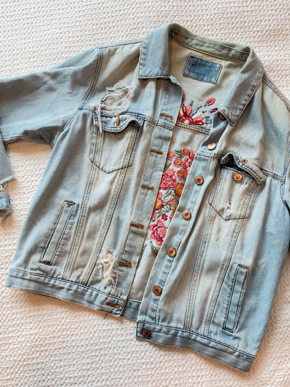 Floral Embroidered Distressed Denim Jacket | Size M